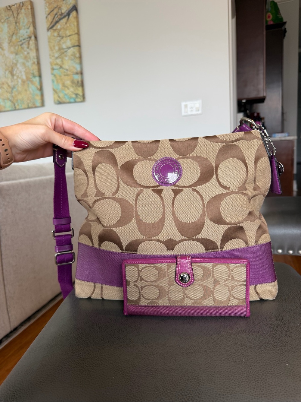 Coach Tan Signature Canvas Crossbody with Purple Trim & Matching Wallet